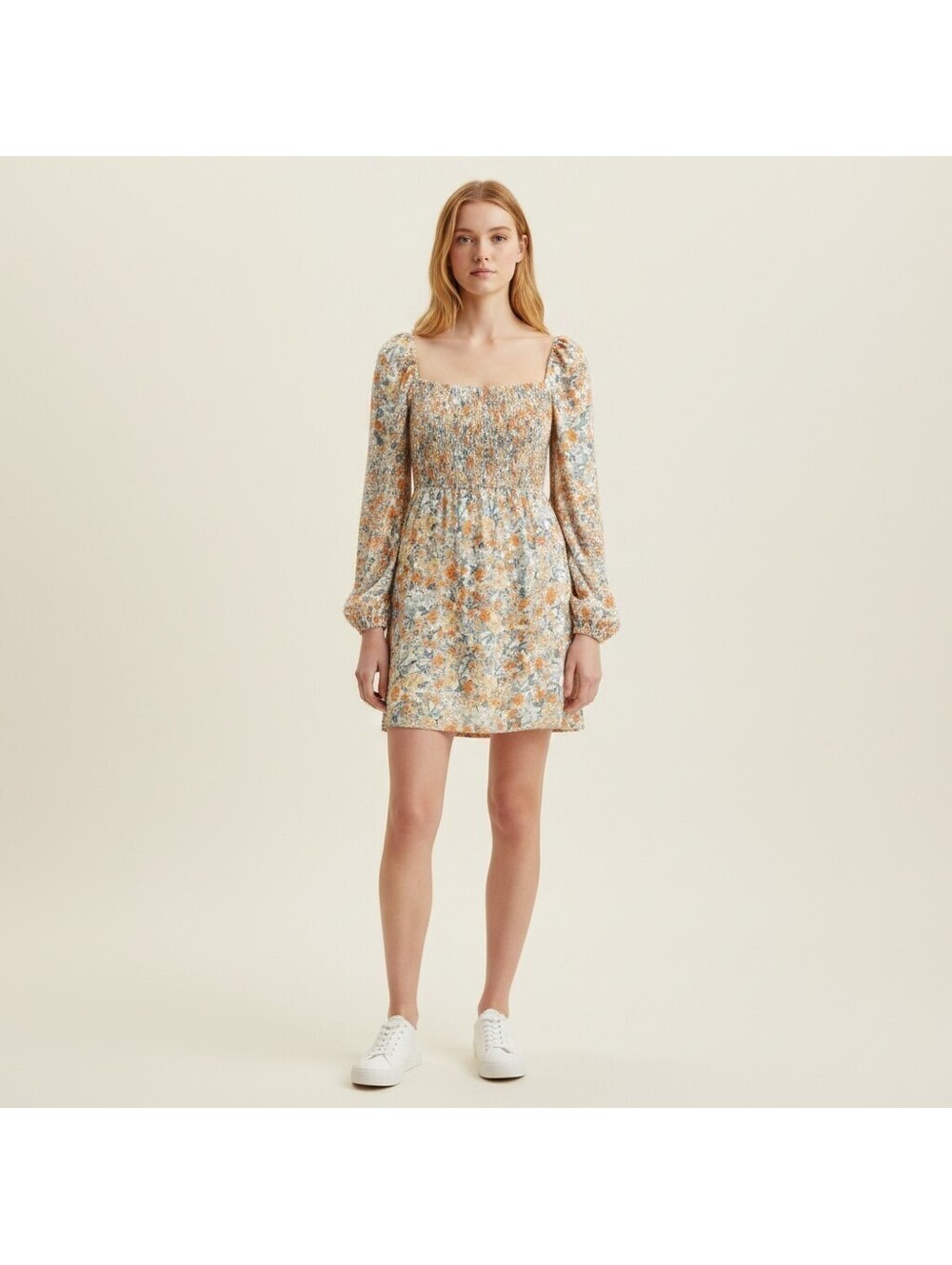 New Cupshe Dress Women L Large White Floral Shift Short Square Neck Long Sleeve